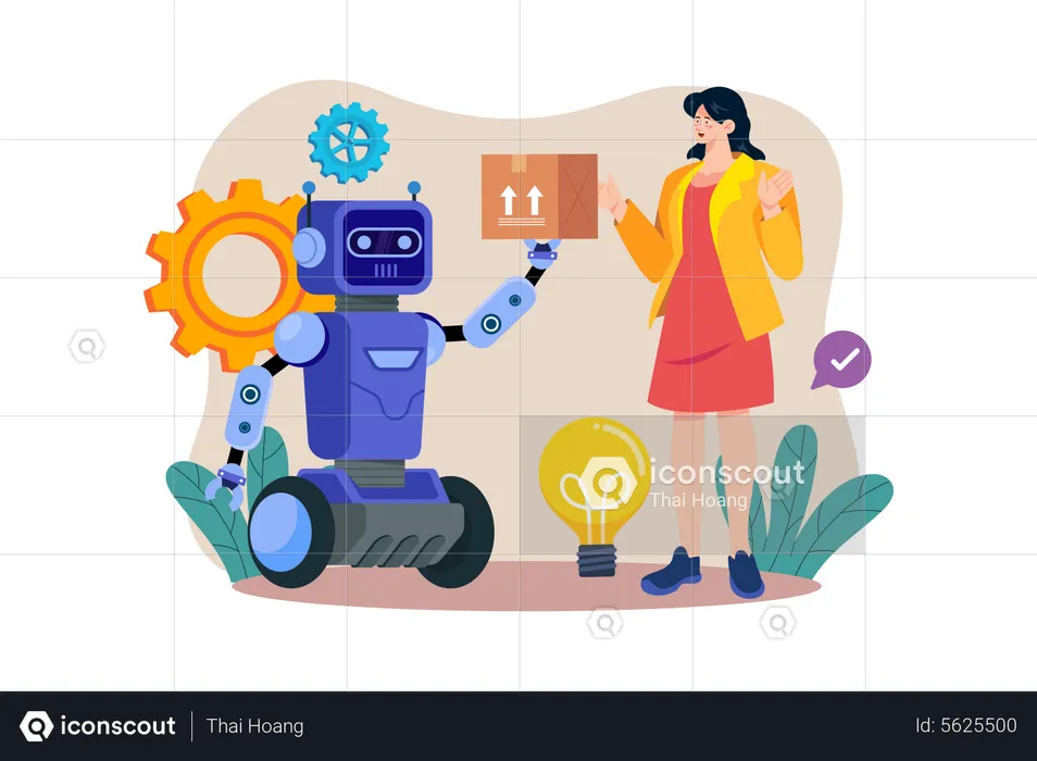 Young Woman Works With Industry Robotization  Illustration