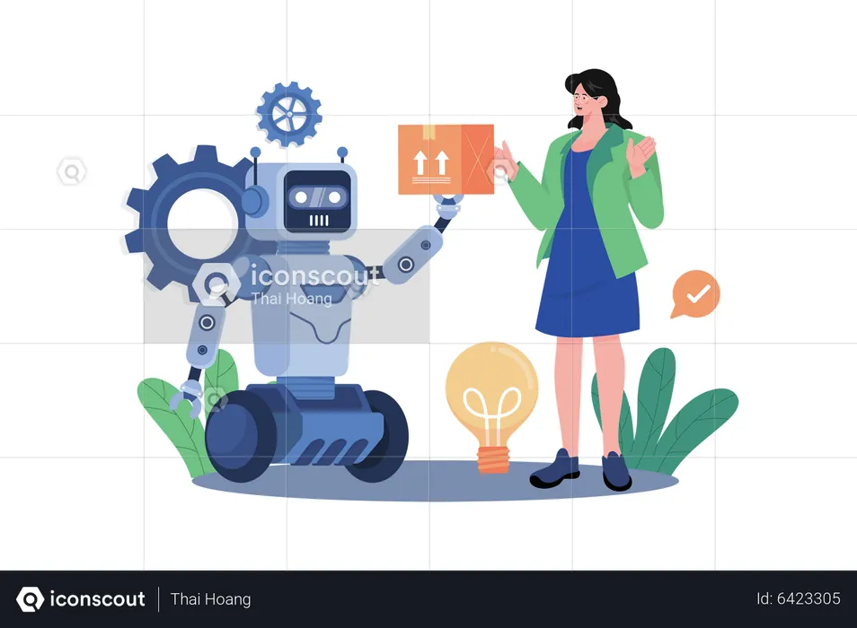 Young Woman Works With Industry Robotization  Illustration