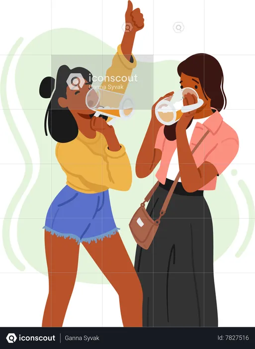 Young Women Enjoy Socializing And Indulge In The Refreshing Taste Of Beer  Illustration