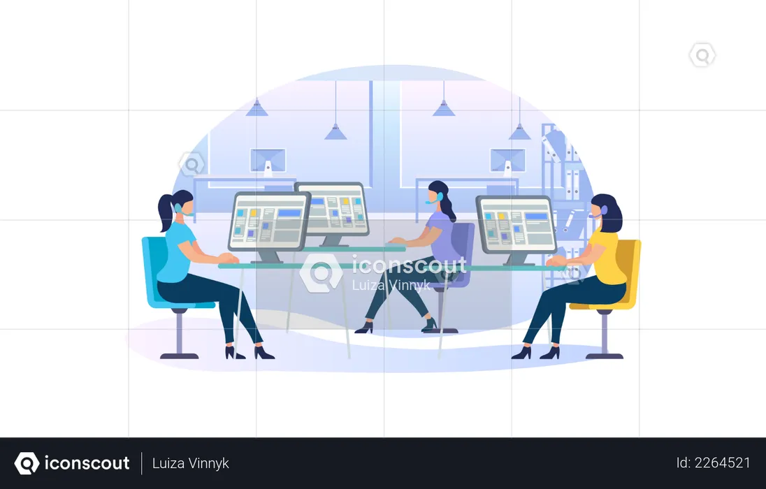 Young Women in Headsets Sit with Computer Monitors  Illustration