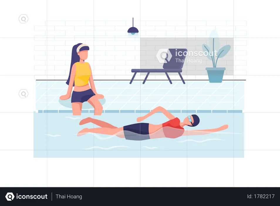 Young women resting and swimming at swimming pool  Illustration