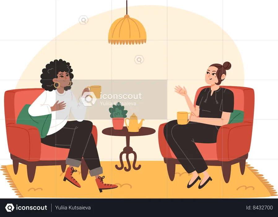 Young women sit in cozy armchairs drink of coffee and talk  Illustration