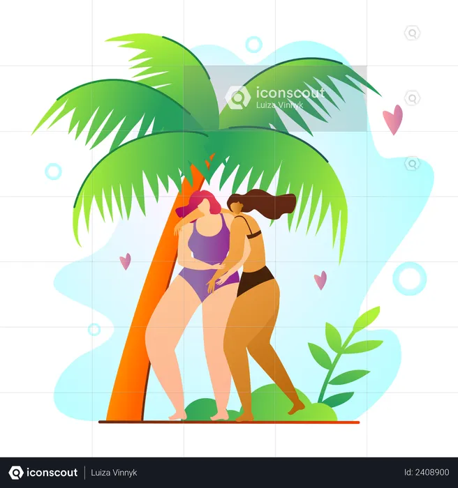 Young women spend time on beach under palm trees  Illustration