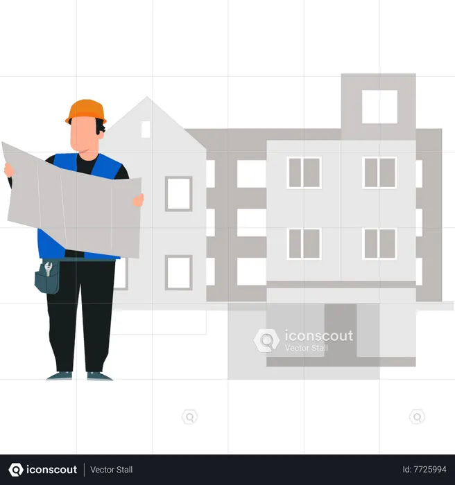 Young worker looking at construction design  Illustration