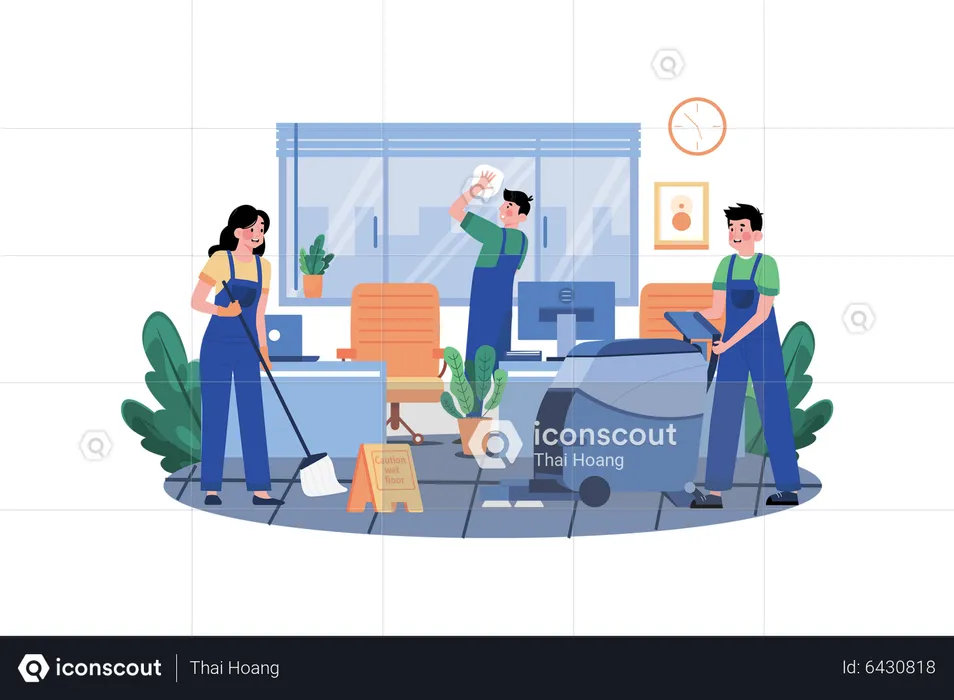 Young Workers Are Cleaning Office  Illustration