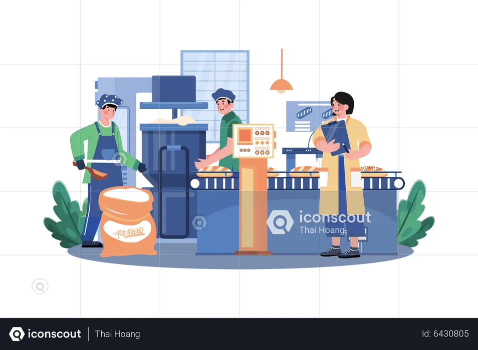 Young Workers Working Ing Bread Making Industry  Illustration