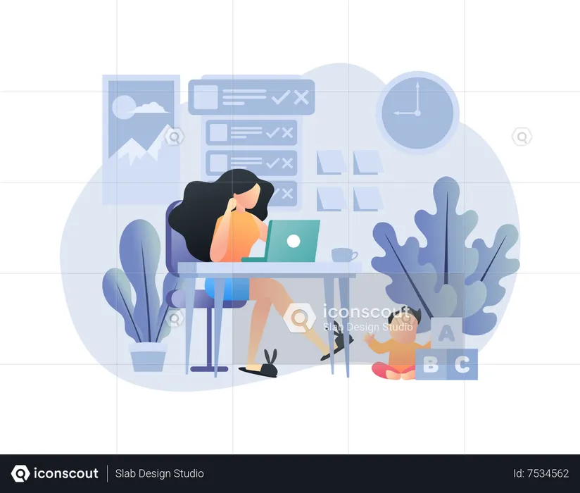 Younglady working at home  Illustration