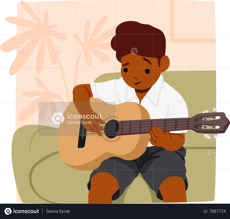 Youthful Guitarist Boy Strums With Joy  Illustration