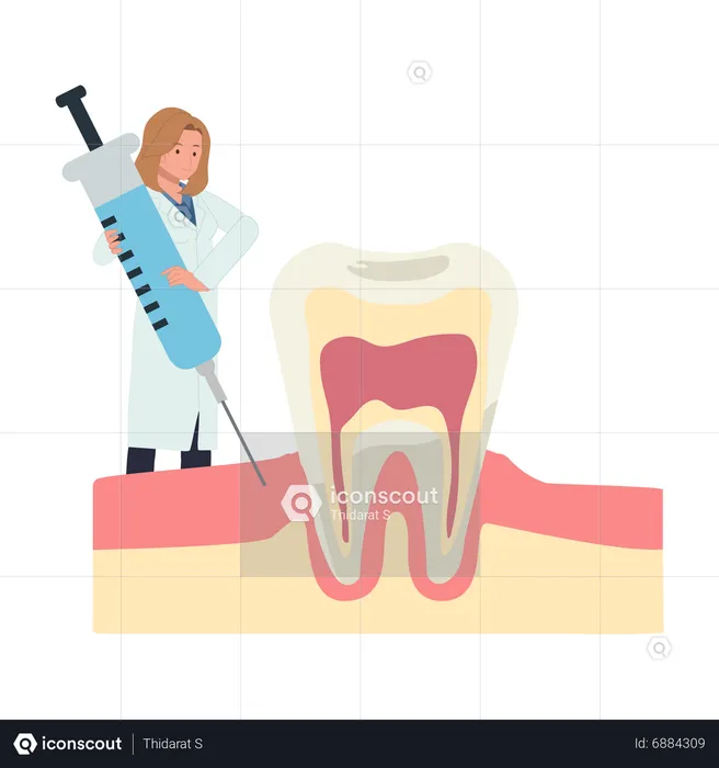 Zahnärztin betäubt Zahn durch Zahnspritze  Illustration