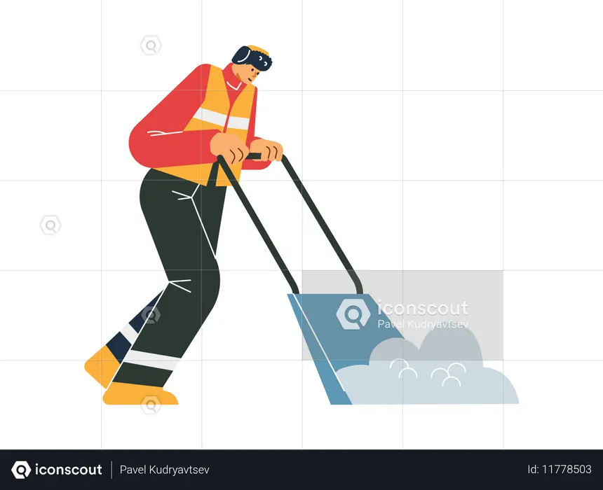 Zelador uniformizado removendo neve com pá  Ilustração