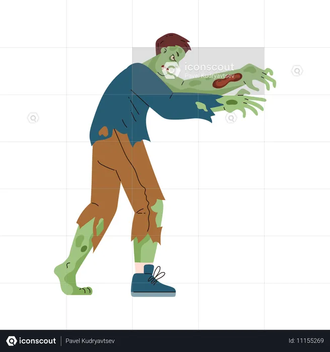 Un zombie en vêtements en lambeaux part à la recherche d'une proie  Illustration