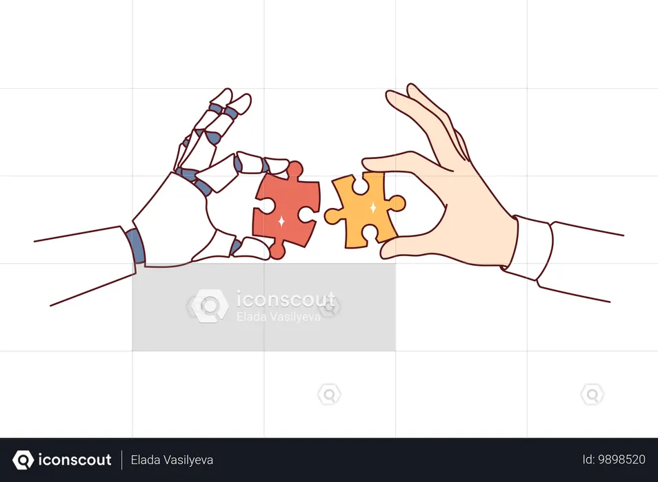 Zusammenarbeit zwischen Roboter und Mensch bei der Ausführung derselben Aufgabe und beim Halten von Puzzleteilen in den Händen  Illustration