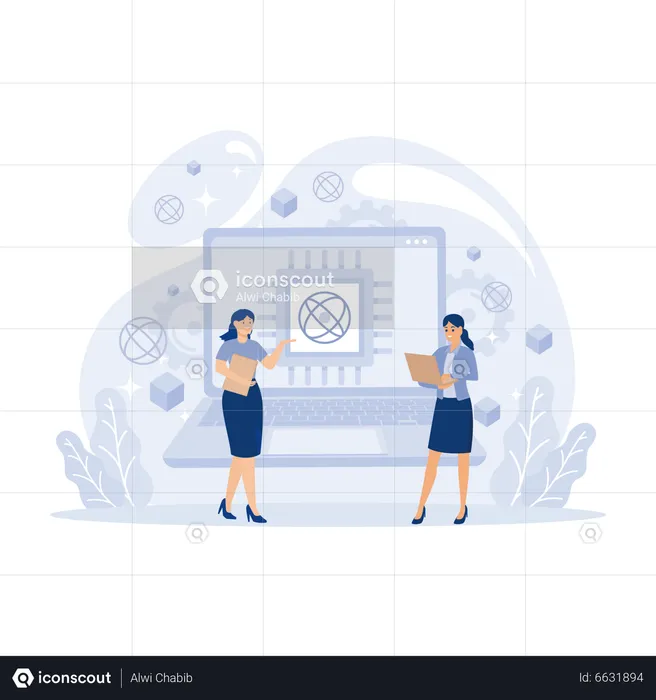 Zwei Damen diskutieren über Quantencomputing  Illustration