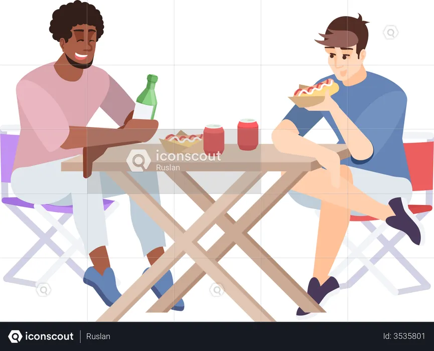 Zwei Freunde genießen das Mittagessen auf dem Campingplatz  Illustration