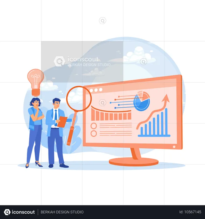 Zwei Geschäftsleute analysieren Diagrammdaten und entwickeln Ideen zur Verbesserung des Marketings  Illustration