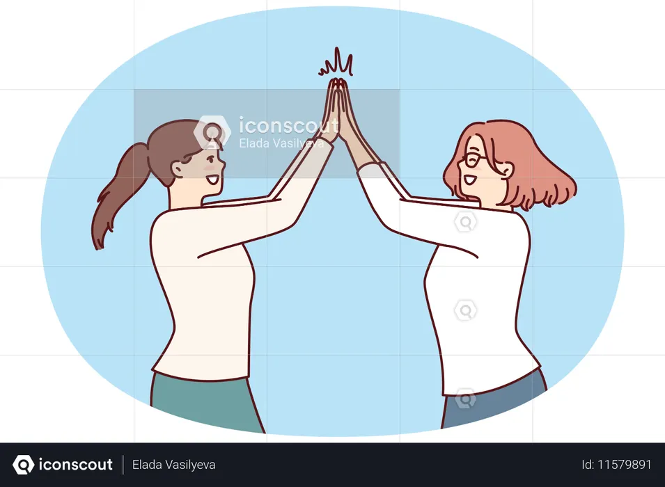 Zwei glückliche Frauen freuen sich, sich nach einem lang erwarteten Treffen mit High Five zu begrüßen  Illustration