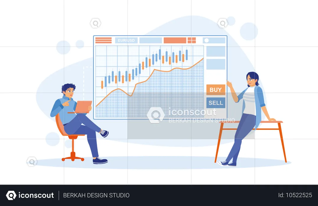 Zwei Investoren analysieren mit einem Laptop die Höhen und Tiefen des Aktienmarktes  Illustration