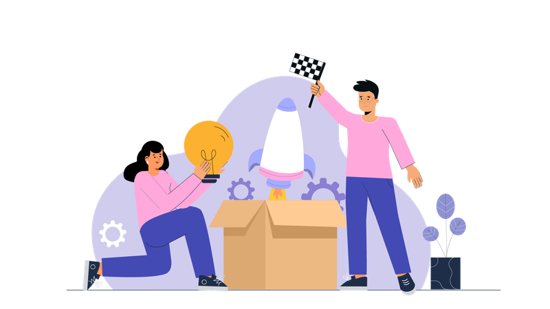 従業員が会社のために新しいアイデアを成功裏に立ち上げる  イラスト