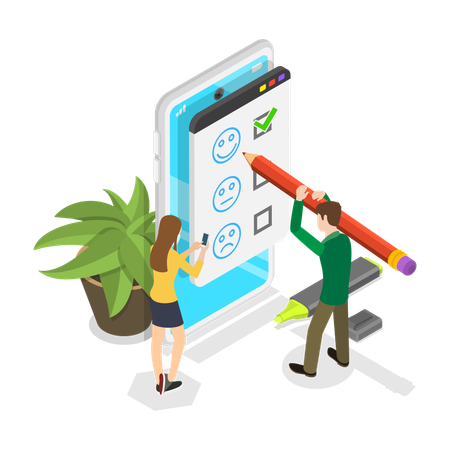 顧客フィードバックフォームに記入する人々  イラスト