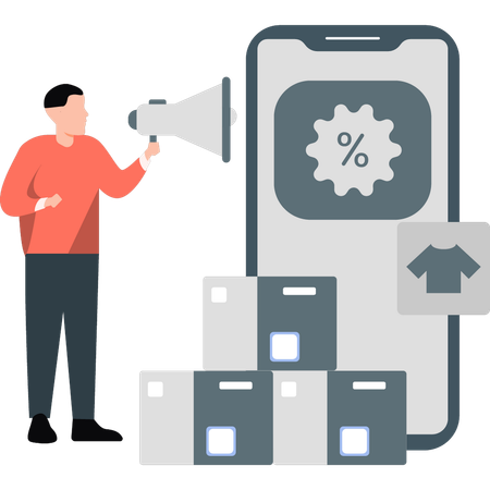 할인 쇼핑을 알리는 소년  일러스트레이션