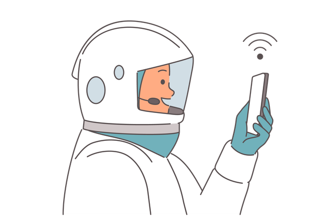 スマートフォンを持った男性宇宙飛行士が宇宙を探索し、軌道に乗りながら自撮り写真を撮る  イラスト