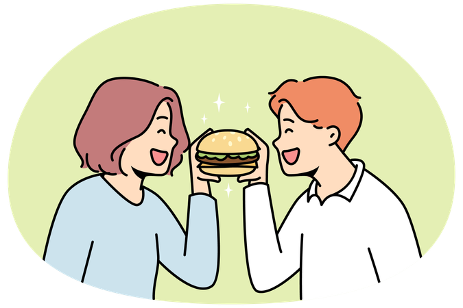 一緒にハンバーガーを食べる幸せなカップル  イラスト