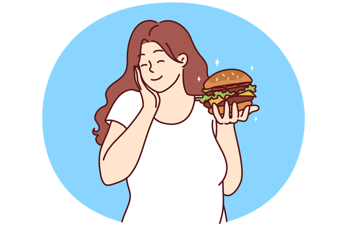 ハンバーガーを持って笑顔の太りすぎの女性  イラスト