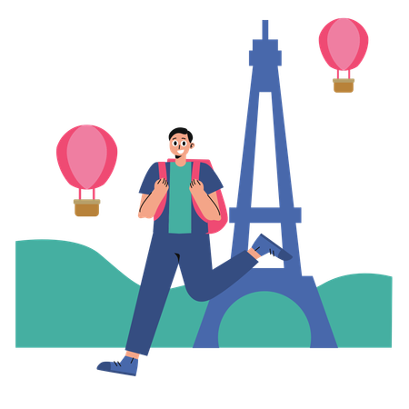 フランスへ旅行する男性  イラスト