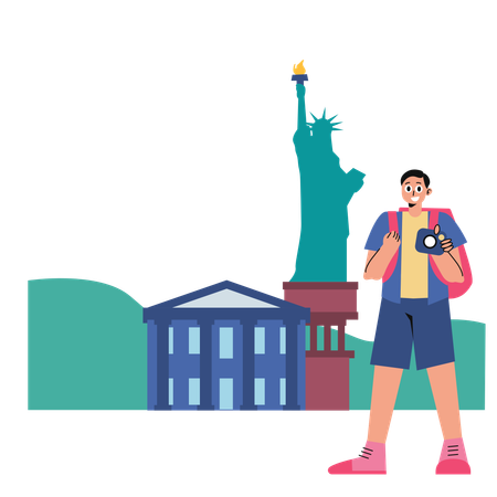 米国へ旅行する男性  イラスト