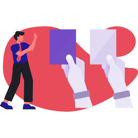 남자 축구 선수가 게임 카드를 보여주고 있다  일러스트레이션