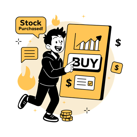 모바일 앱으로 주식을 사는 남자  일러스트레이션