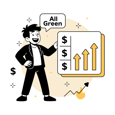 주가 상승 게시판을 가리키는 남자  일러스트레이션