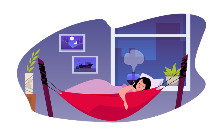 밤에 실내 해먹에서 자는 소녀  일러스트레이션