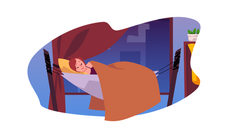 소녀는 창가 방의 해먹에서 잠을 잔다  일러스트레이션