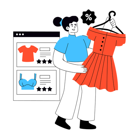 여성이 쇼핑 옵션을 선택한다  일러스트레이션
