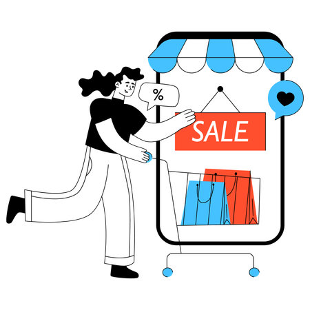여성, 모바일 쇼핑 세일에 열광  일러스트레이션