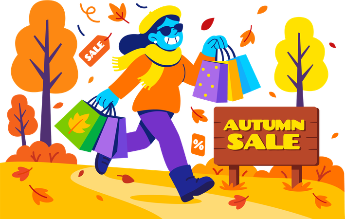 秋のセールで買い物をして祝う女性たち  イラスト