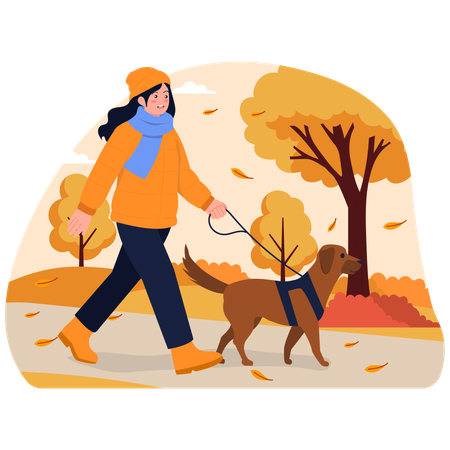 秋の犬の散歩  イラスト