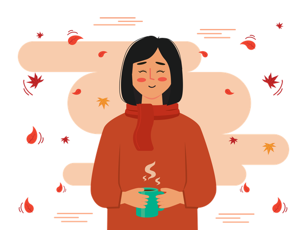 秋にコーヒーを飲む女の子  イラスト