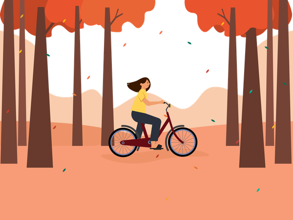 秋の公園でサイクリングする女の子  イラスト