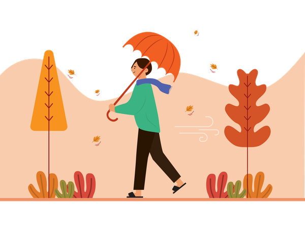 秋の公園を歩く少年  イラスト