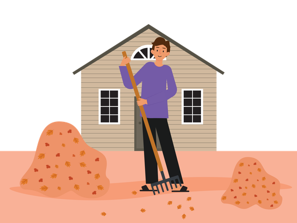 秋の落ち葉を掃除する少年  イラスト