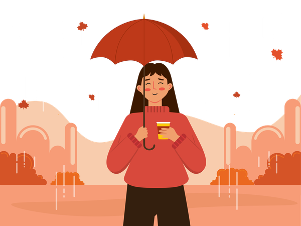 秋のコーヒーを飲む女の子  イラスト
