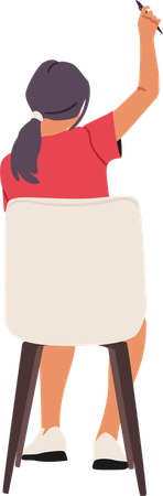 椅子の上でペンを持ち手を挙げている女子生徒  イラスト