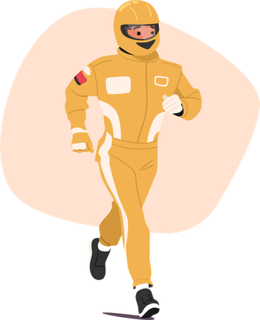 競技に備えてユニフォームと保護ヘルメットを着用したゴーカート運転手の漫画キャラクター  イラスト