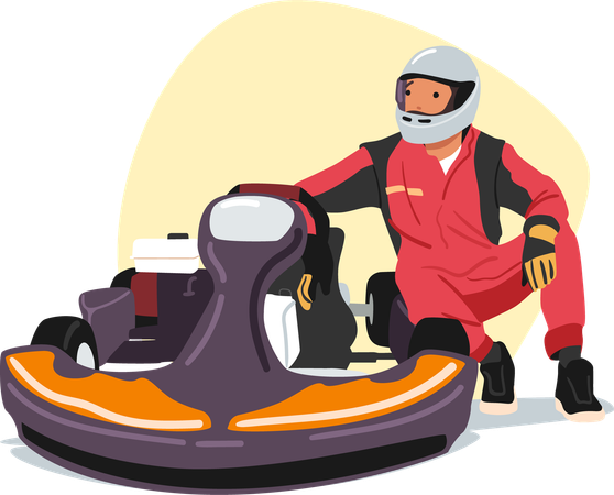 ユニフォームとヘルメットを着用したゴーカートレーサーが、道路トラックでのエンターテイメントの準備をしているカートカーの近くでポーズをとっている。  イラスト
