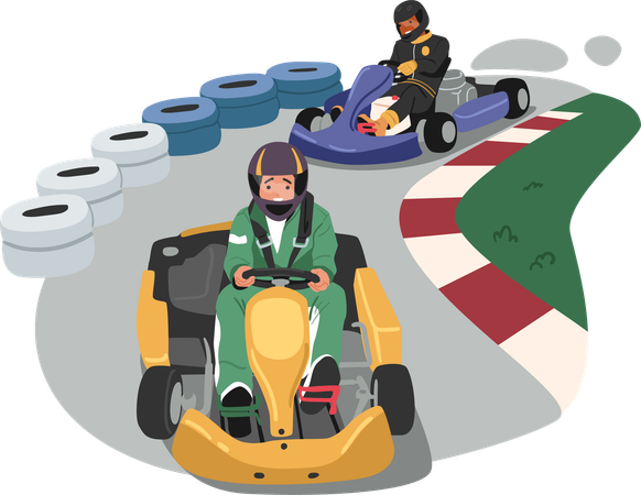 カートレースの参加者が、トラック上でカートを運転してチャンピオンシップ活動を楽しんでいるキャラクター  イラスト