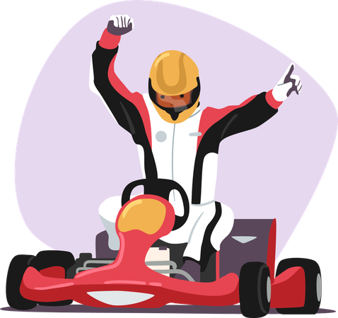 レースを終えて勝利と成功のサインをする興奮したカートレーサーの漫画のキャラクター  イラスト
