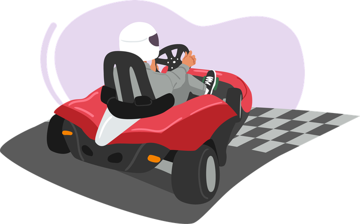 スピードモーターレーサーがカートを運転し、エクストリームカーレース競技に参加している様子を後ろから見る  イラスト