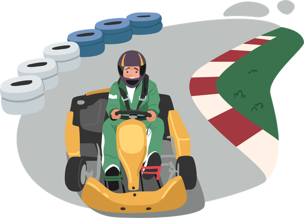 モータースポーツドライバーの漫画のキャラクターが、極端なゴーカートレース活動に参加し、カートを運転している  イラスト